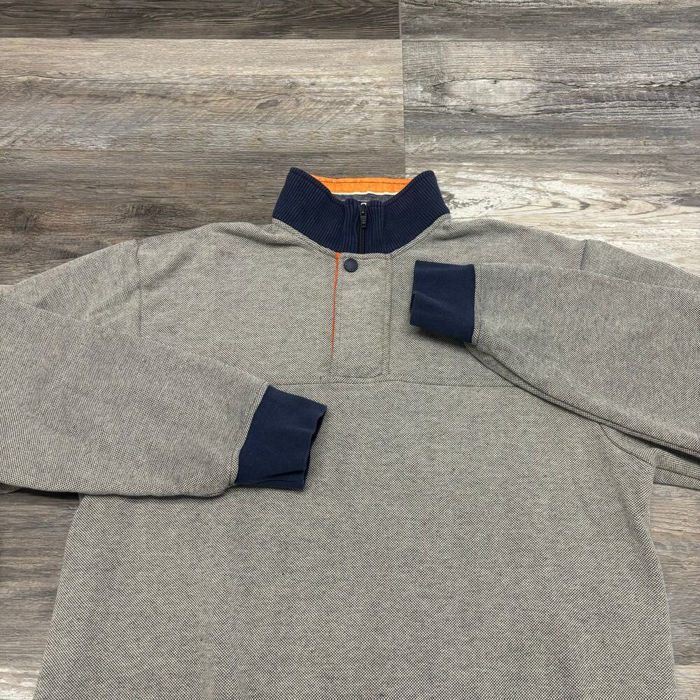 Orvis Gray Blue Orange Mens M 1/4 Zip Snap Mock Neck Pullover Signature Sweater